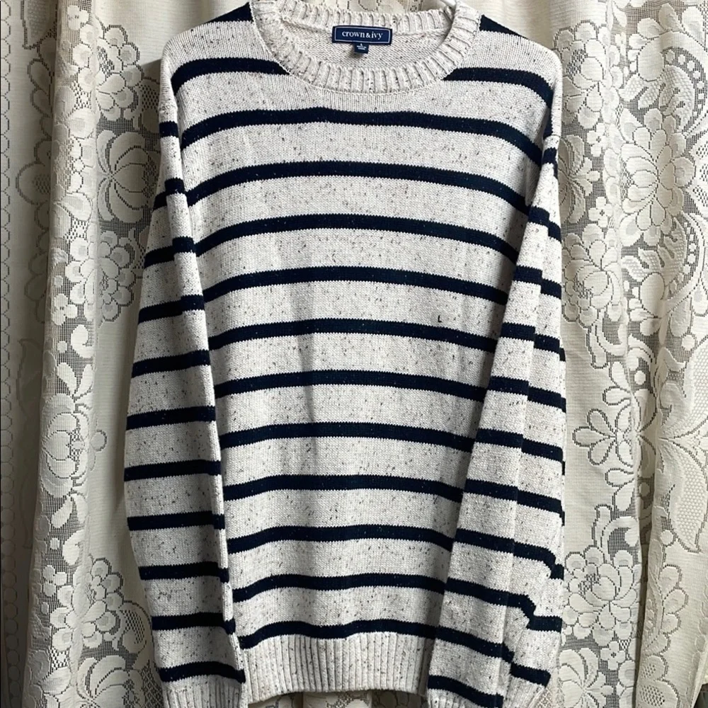 Crown & Ivy Cream and Navy Blue Striped Crewneck Sweater